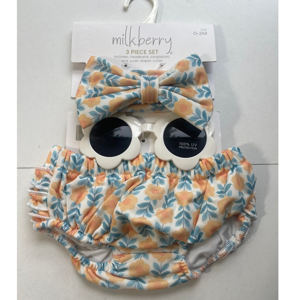 Milkberry Baby Girl 3 Piece Swim Set Diaper Cover Headband Sunglasses 0-3M